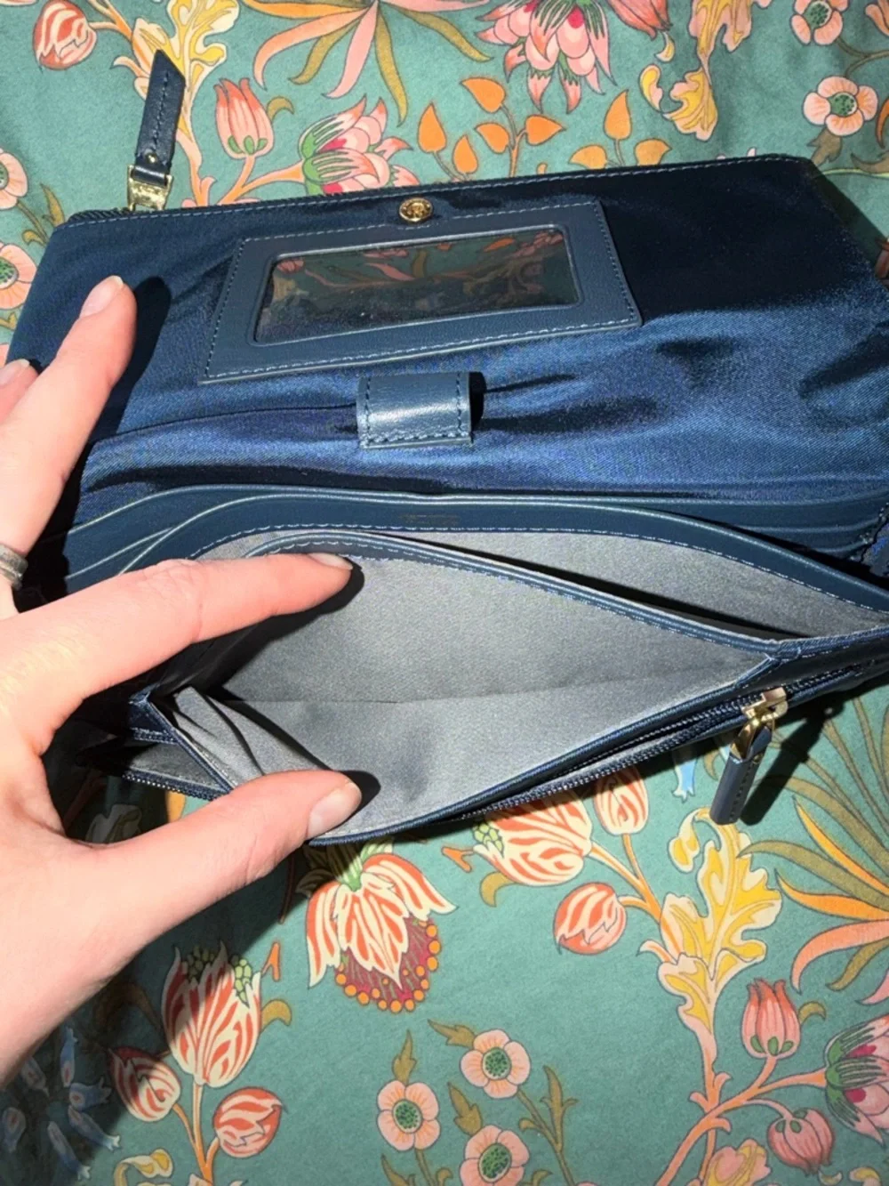 Tumi Navy Fold-Over Wristlet Clutch with Gold Hardware
